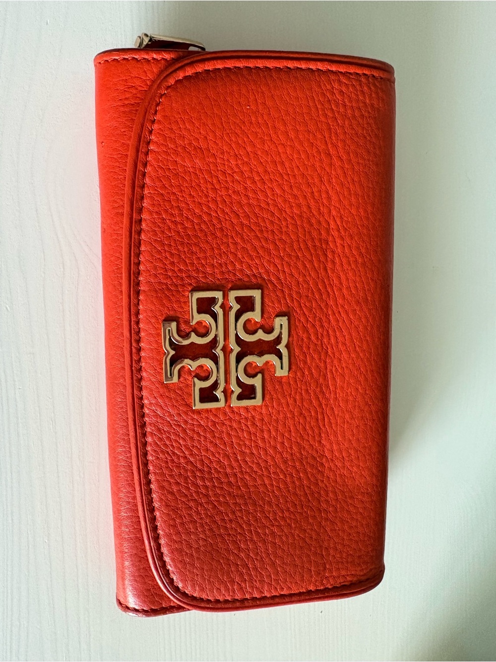 Tory Burch Pebbled Leather Wallet in Vibrant Orange